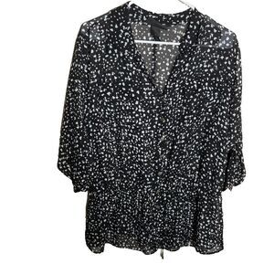Lane Bryant Blouse Women's 16 Black Printed Sheer V-Neck 3/4 Sleeve Collared Top